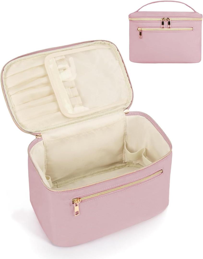 Wandering Nature Large Makeup Bag, Travel Make Up Organizer Cosmetic Brush Bags Case for Women in in Fabric,Pink,Patent Pending