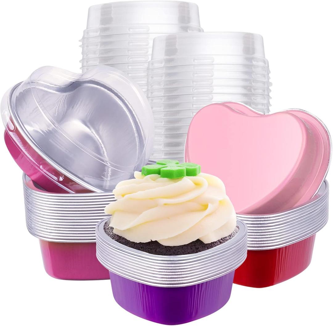 60 Pcs Heart Shaped Cake Pans with Lids, Aluminum Mini Cake Pans, 3.4 Oz/ 100ml Foil Disposable Flan Pan Cupcake Tins Baking Pan for Valentine's Mother's Day Party (Red, Pink, Purple, Rose Red, 60)