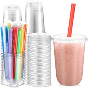 Ziliny 50 Sets Clear Cups with Lids and Jumbo Smoothie Straws Disposable Plastic Cups for Smoothies, Bubble Milk Tea, Milkshakes, Cold Drinks (16 oz)