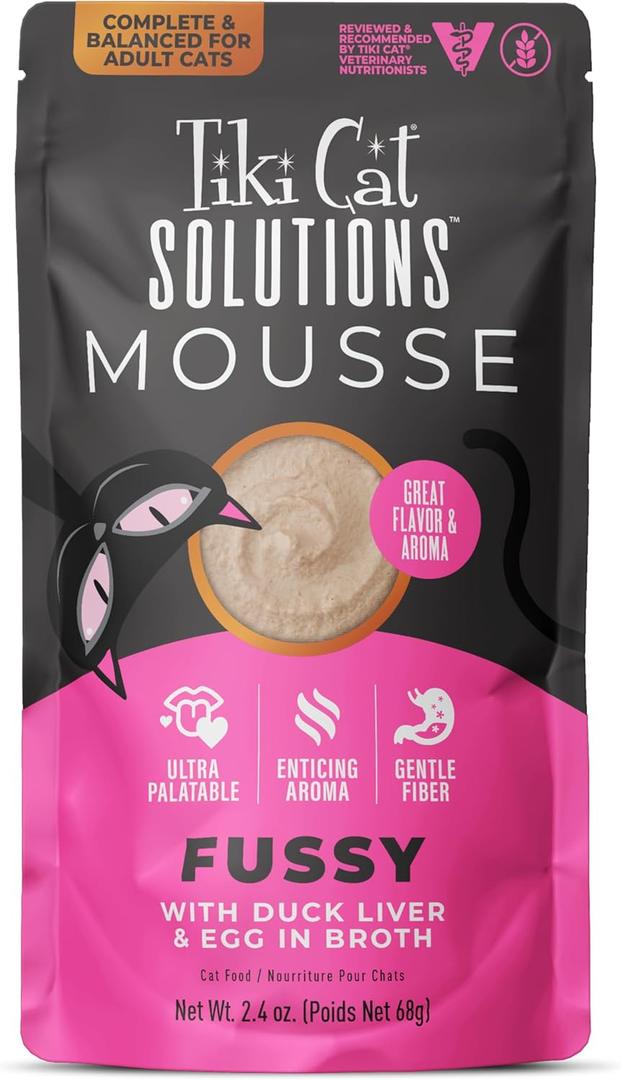 Tiki Cat Solutions Fussy Mousse, Duck Liver & Egg, Specially Formulated to Support Healthy Digestion, Functional Wet Cat for Adult Cats, 2.4 oz. Pouch (12 Count), Best By: 02/26/2027 Tiki Cat Solutions Fussy Mousse, Duck Liver & Egg, Specially Formulated to Support Healthy Digestion, Functional Wet Cat for Adult Cats, 2.4 oz. Pouch (12 Count), Best By: 02/26/2027