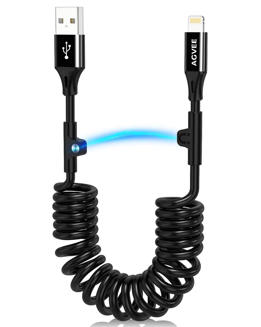 AGVEE 3ft Coiled Short USB to Lightning Charging Cable [MFI Certified] 3A Fast Charger Cord in Car for iPhone 14/13/12/11/XS/8/7/6/5 CarPlay, iPad, iPod, Black
