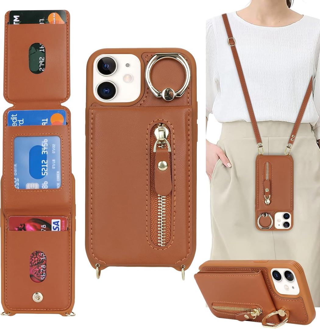 for iPhone 12 Mini Case with Card Holder for Women, for iPhone 12 Mini Phone Case Wallet with Strap Credit Card Slots Crossbody with Kickstand Zipper Case - Brown