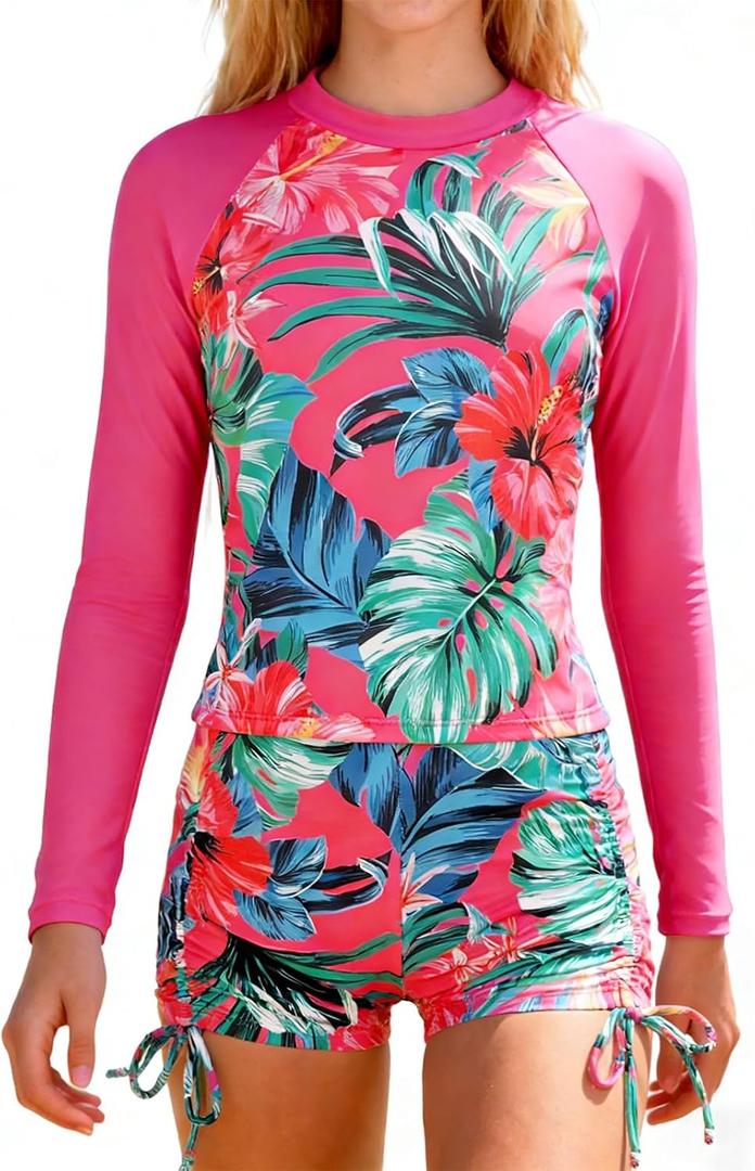 Girls Swimsuit Long Sleeve Rash Guard Bathing Suit Two Piece Swimwear Swimming Tops and Ruched Shorts 12-13Y