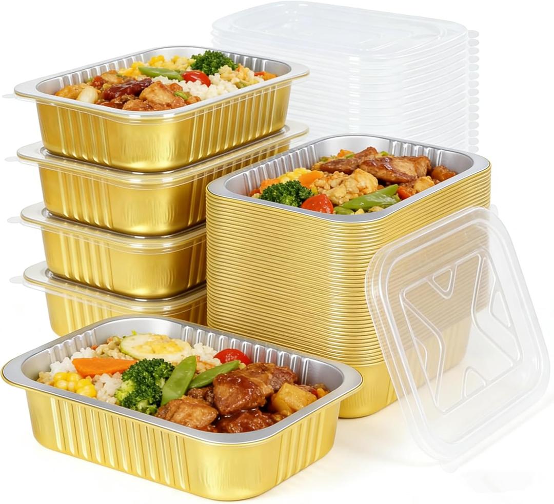 YANGTAI 40 Pack 1 LB 6.2"4.4"1.5" Gold Aluminum Foil Pans with Lids - 16oz Small Aluminum Pans with Clear Plastic Lids - Tin Foil Food Containers Great for Baking, Meal Prep, Freezer and Takeout