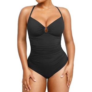 SHAPELLX Womens Swimsuits Tummy Control Bathing Suit Slimming One Piece U-Ring Shapewear Swimwear with Ruched Waist (Black, L)