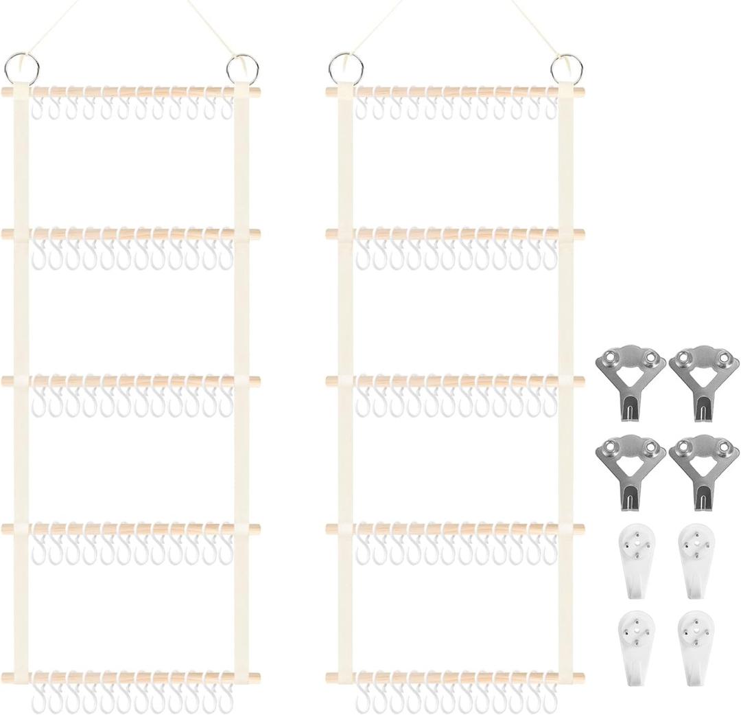 Munzong Headband Holder 52x17 inch, 2 Pack Bow Organizers for Baby Girls, Large Nursery Wall Hanging Back Door Bow Holder Shelf w/ 60 Hooks, 5 Tier Hair Accessories Organizer Storage for Toddler Kids (Beige)