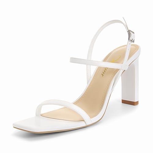 Athlefit Women's White Heels Square Open Toe Strappy Sandals Ankle Strap Dressy Block Heels Wedding Shoes Size 9
