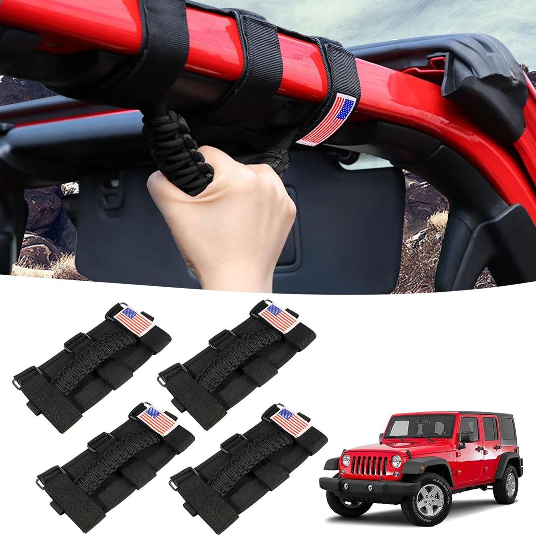GAIZON 4 Pack Grab Handles Paracord Roll Bar for Jeep Wrangler Accessories CJ YJ TJ JL JK LJ JLU JKU Sahara Freedom Rubicon,Gladiator JT 1955-2023 Interior Accessories with America Flag(Black)
