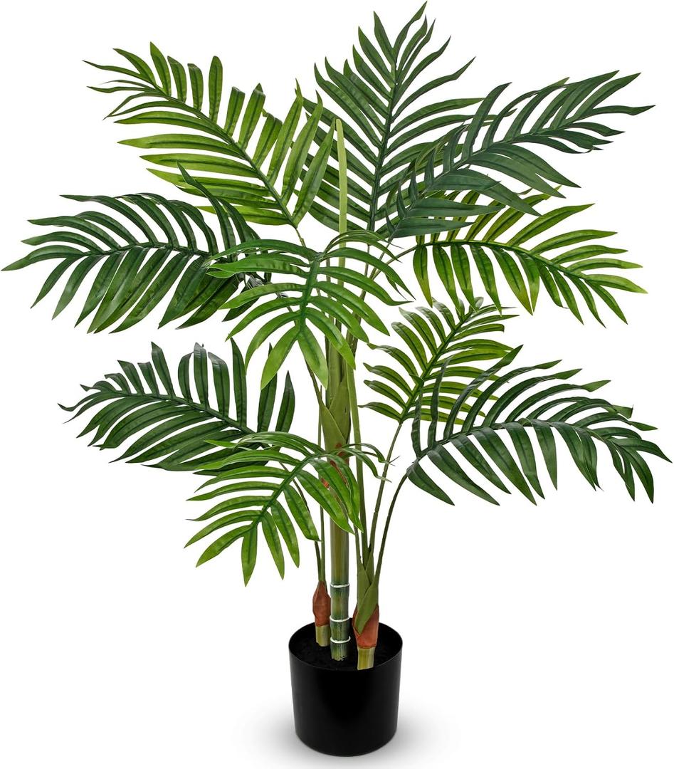 Hollyone Fake Palm Tree Decor 3FT with Planter Artificial Palm Tree Faux Tropical Areca Floor Plant in Pot with 3 Textured Trunks Silk Plant for Home Garden Outdoor Indoor Office Decor