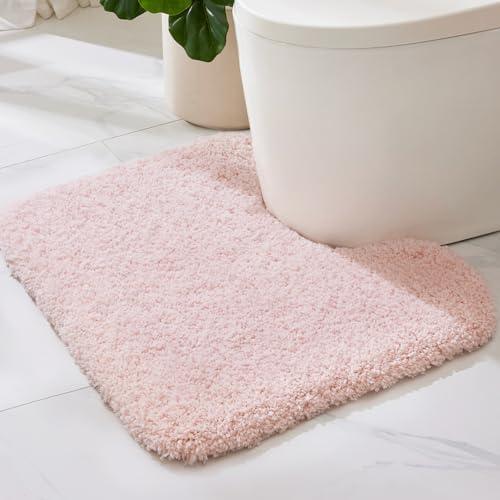 ILANGO Pink Toilet Rugs U Shaped 22" × 24" Non Slip & Super Absorbent Extra Thick Soft, Washable Bath Mats for Bathroom Floor, Microfiber Plush Shaggy Contour Bath Rugs for Toilet,Dry Quick