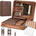 KEJIAR Cigar Humidor Case, Portable Cigar Box with Straight Cutter, V Cutter, Hole Puncher, Humidifier Packs, Travel Humidor and Cigar Accessories Gift Set Leather Cigar Case (Brown)