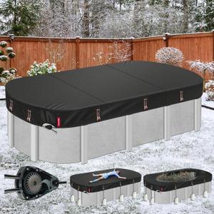 QH.HOME [2025 Upgraded Ultimate Windproof] 18x33 Ft Oval Pool Cover with Fast Tightening Patented Ratchet,Oval Pool Cover for Above Ground Pools [Durable, Tear Resistant] with Weight-Bearing Rings