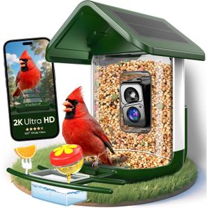 Bird Feeder with Camera Solar Powered - Smart Bird Feeder Camera 2K HD Live Stream, 5MP Photos, AI Identification for Backyard, 2.4Lb Large Capacity, Gifts for Mom Dad, Green White