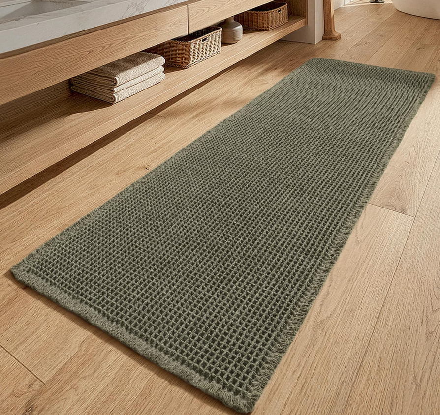 MIULEE Waffle Bathroom Rugs, Super Absorbent Non Slip Bath Rug, Upgraded Soft Quick Dry Washable Boho Bath Mat with Tassels for Bathroom Floor 18*30*2