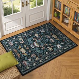 Vintage Floral Small 2x3 Rugs for Entryway, Washable Area Rug for Entrance,Non-Slip and Low Pile Thin Throw Carpet for Kitchen Floor, Front Door Indoor Door Mat, Bathroom, Bedroom Bedside, Black