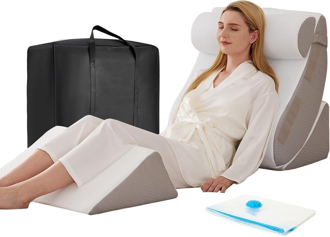 4PCS Wedge Pillow Set for After Surgery, Orthopedic Bed Wedge Pillow for Back Pain Relief, Sitting up in Bed,Recovery, Acid Reflux, Snoring, Body Pillow for Sleeping,Leg,Shoulder Support, White/Grey