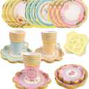 24 Sets Floral Paper Tea Cups and Saucers Disposable Tea Party Supplies, Teacup with Handle, 9''  7'' Plate, Napkin, Afternoon Tea Party Table Decorations for Birthday, Baby Shower, Mother's Day