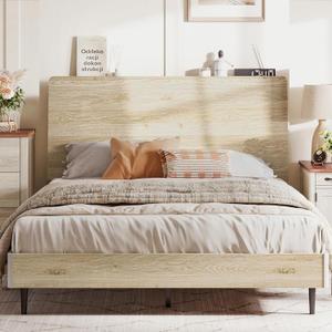 LINSY Full Size Wood Platform Bed Frame with Ergonomic Headboard, Bed Frame Full with Storage Shelf, Noise-Free, No Box Spring Needed - Beige