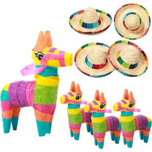 Chivao 8 Pcs 4 x 7 Inch Mini Donkey Piata and Sombrero Hats Mexican Hat Decorations Fiesta Decorations Mini Mexican Piata for Kids Birthday Fiesta Taco Supplies Luau Photo Prop