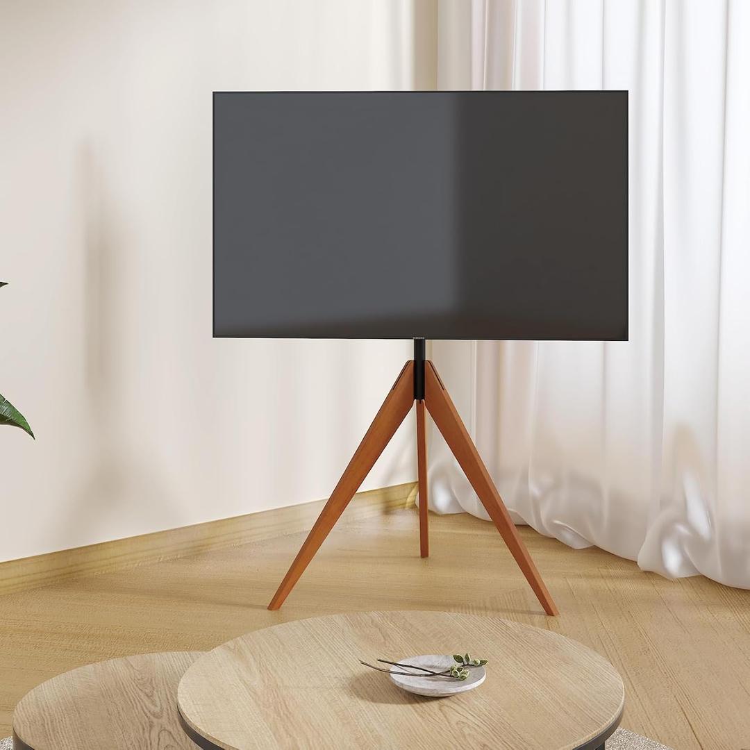 Corner TV Floor Stand for 32-65 Inch TVs, Solid Wood Tripod Easel TV Stand with Height Adjustable, 180Swivel Modern Sleek TV Stand for Bedroom/Living Room, Studio, MAX VESA 600 x 400 mm
