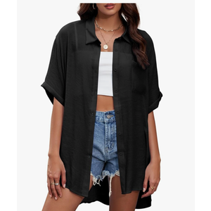 Century Star Womens Button Down Shirt Vacation Outfits Short Sleeve Shirt Dress Oversize Collared Swimsuit Coverup Blouses, One Size