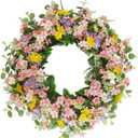 Faux Silk Cherry Blossom Flower Spring Summer Easter Wreath 24-26" for Front Door  Pink Purple Yellow Plum Blossom Green Eucalyptus Leaves  Farmhouse Front Porch Decor, Outdoor Indoor Use (Pink-pur-yel-24)