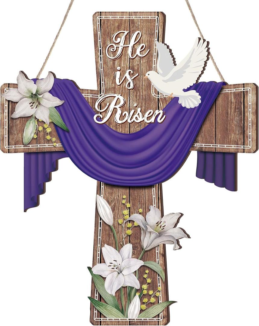 BBTO Easter Door Sign He Is Risen Hanging Decor Religious Cross Sign Easter Wreaths for Front Door Christian Flowers Lent Hanging Hanger for Farmhouse Front Porch (Cross,13.1 x 10.6 Inches)