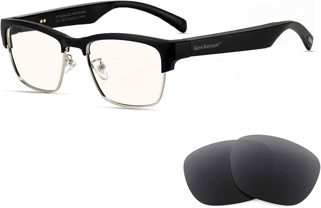 GenXenon Bluetooth Audio Smart Glasses, Blue Light Glasses for Women and Men, Open Ear Sound with Mic & Speakers, Blue Light Filter & Polarized Sunglasses Lenses, Voice Assistant (Black-Silver)