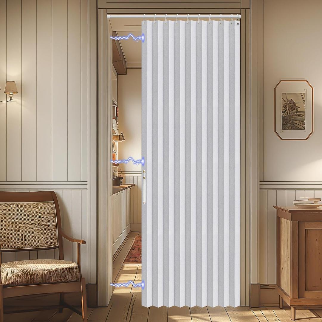 AJAZZ 100% Blackout Accordion Doors Interior Magnetic Door Curtain Closet Door Curtain Invisible Applicable Bedroom Room Living Room Doorway White 42" W x 78" L 1 Panel