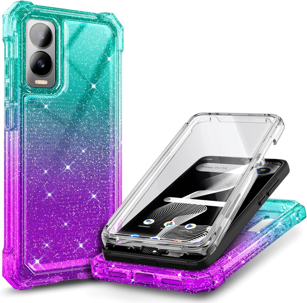 WDHD for Cricket Icon 6 Case (SL219C), AT&T Verge Case (SL219A) with Built-in Screen Protector, 9FT Military Grade Drop Tested Full-Body Protective Shockproof Bumper (Glitter Aqua/ Purple)