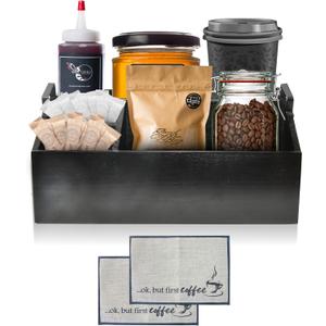 Coffee Bar Station Organizer for Counter, Wood Coffee and Tea Condiment Storage Organizer, Rustic Coffee Bar Decor for Coffee Accessories Organizer