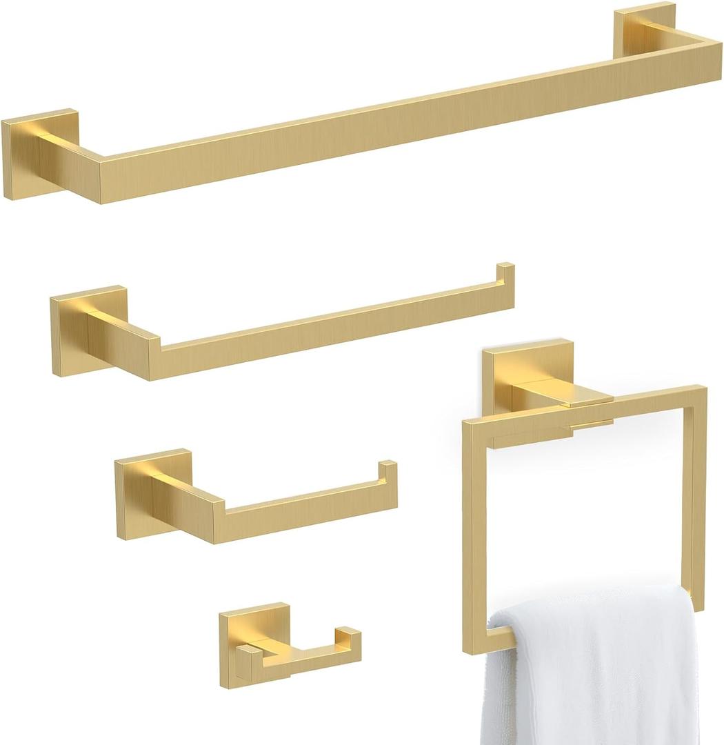 BOZWELL 5 Piece Light Brushed Gold Stainless Steel Towel Bar Set, 23.6 inch Square Bathroom Hardware Accessories Set,Wall Mounted Towel Racks for Bathroom with TP