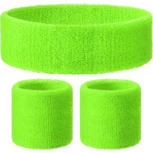 3 Pack Neon Sweatbands Set 80s Wristband and Headband Color War Accessories Sports Sweatbands for Summer Ball Party (Green)