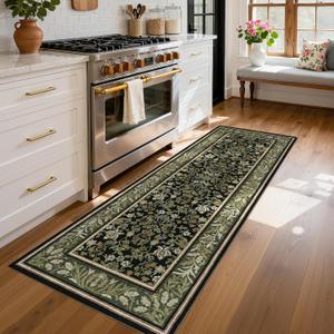 GarveeHome Runner Rugs 2x6 Kitchen Runner Rug Non Slip Washable Runners for Hallways, Boho Vintage Rugs with Rubber Backing Low-Pile Indoor Long Carpet for Entryway Bedroom Green Black