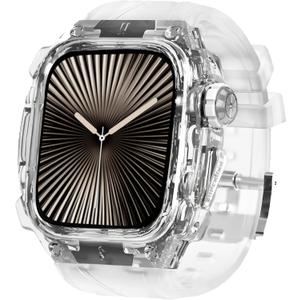 Luxury Translucent Smartwatch Case for Apple Watch Series 10 46mm, Fully wrapped lightweight rugged case with band, silicon strap, stainless steel buttons, protective cover for men/women (White)