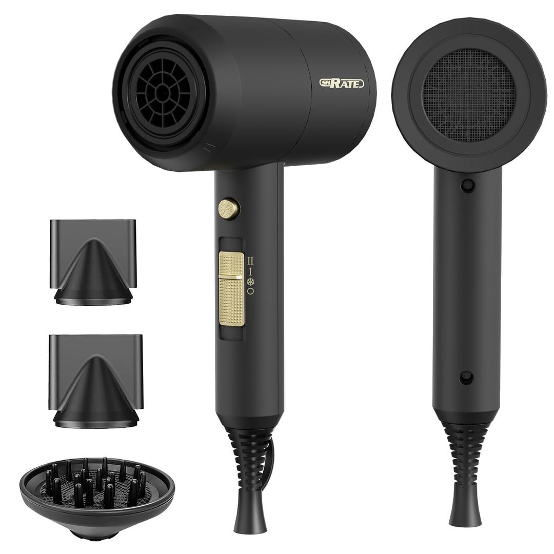 SHRATE Ionic Hair Dryer with Diffuser | Professional Blow Dryer for Curly, Frizzy & All Hair Types | Low Noise & Gentle for Sensitive Hair | Compact & Portable Design for Home, Travel, Women & Men
