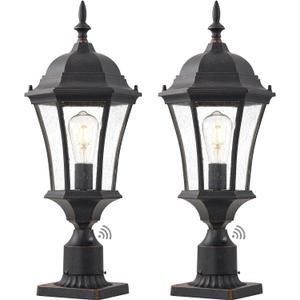 24in Dusk to Dawn Aluminum Outdoor Light Post Large Garage Exterior Lamp Post Light Fixture for House Bronze Outdoor Garden Pier Mount Lights 2 Pack Pathway Column Lights with Seeded Glass