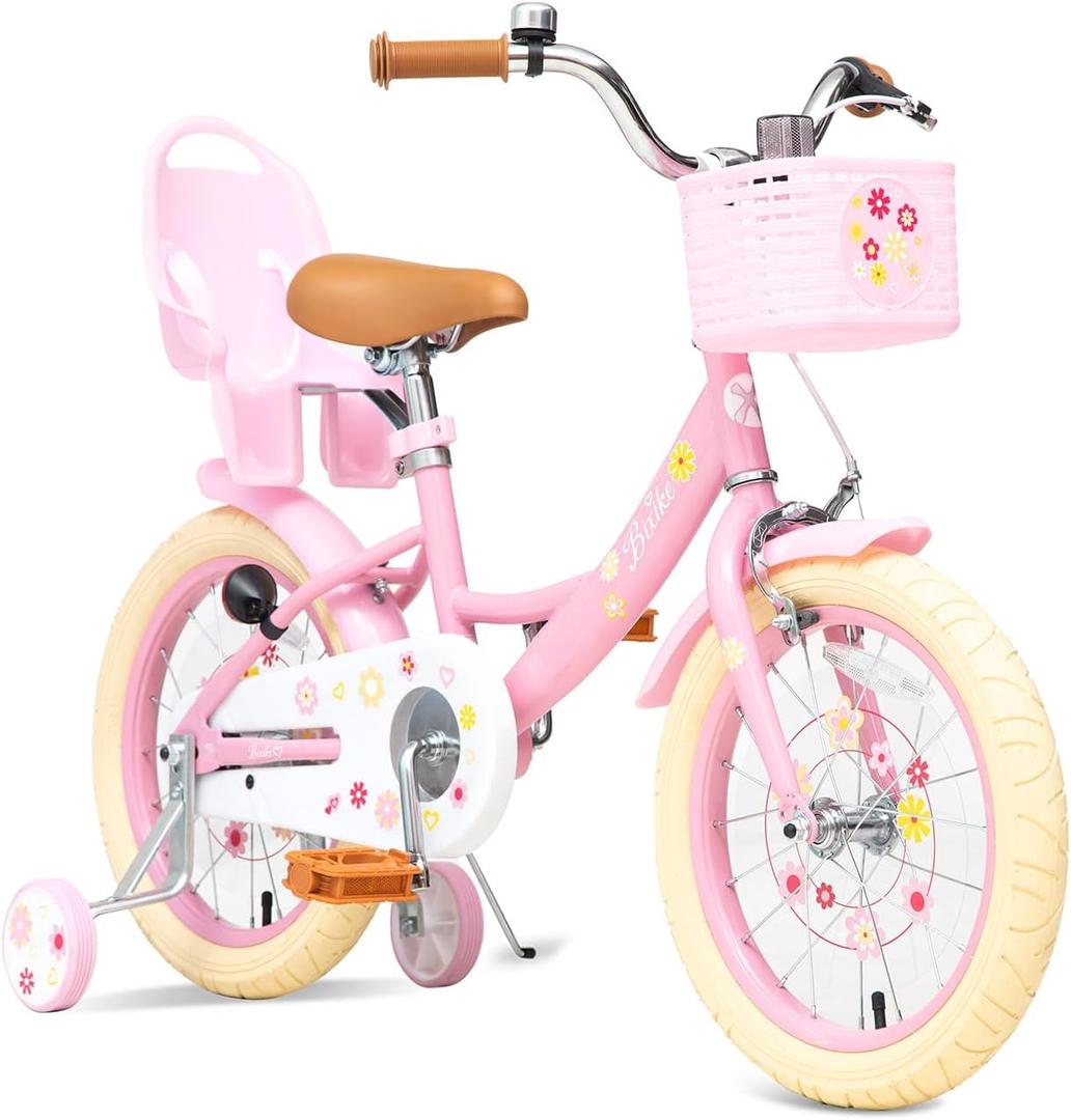 Girls Bike with Basket for Toddlers and Kids Aged 3-14, 12 14 16 18 Inch with Training Wheels, 20 Inch with Kickstand & Rear Rack, Princess Style Bicycle with Doll Seat & Daisy Prints for Gift (Pink)