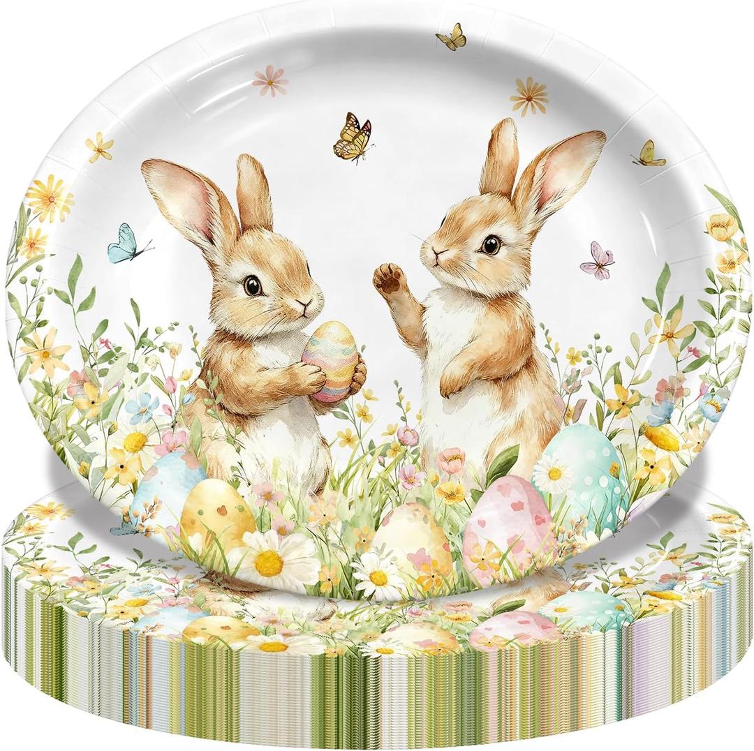 HAKOTI 50Pcs Easter Oval Paper Plates - Easter Decorations Bunny Oval Party Plates Spring Floral Rabbit Tableware Decoration for Birthday,Baby Shower,Spring Holiday Dinner Table Decor