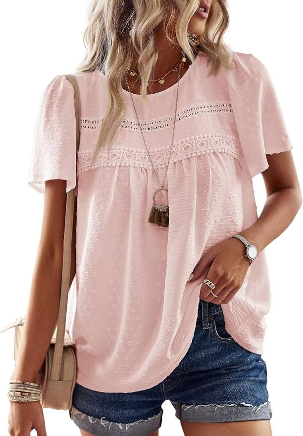 Womens Summer Tops Crewneck Short Sleeve Shirts Casual Chiffon Blouses Flowy Lace Hem Boho Clothing Trendy 2026, Size XL