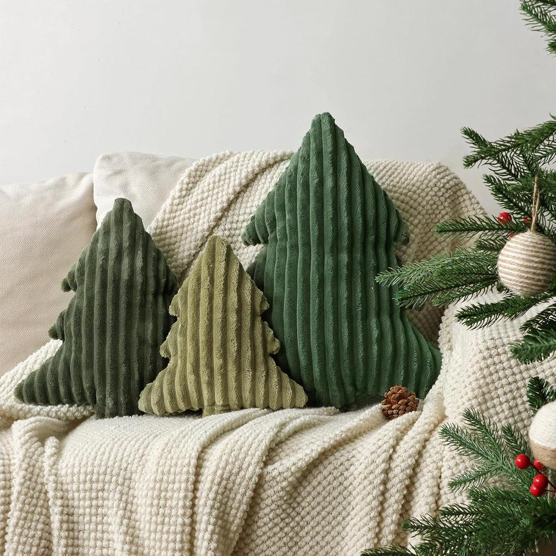 Christmas Decorations Plush Throw Pillows: Set of 3 Soft Green Velet Christmas Tree Shaped Pillow, Cute Rustic Stuffed Cushion Xmas Decor Indoor for Kids Home Sofa Bed Couch Office Couch Living Room