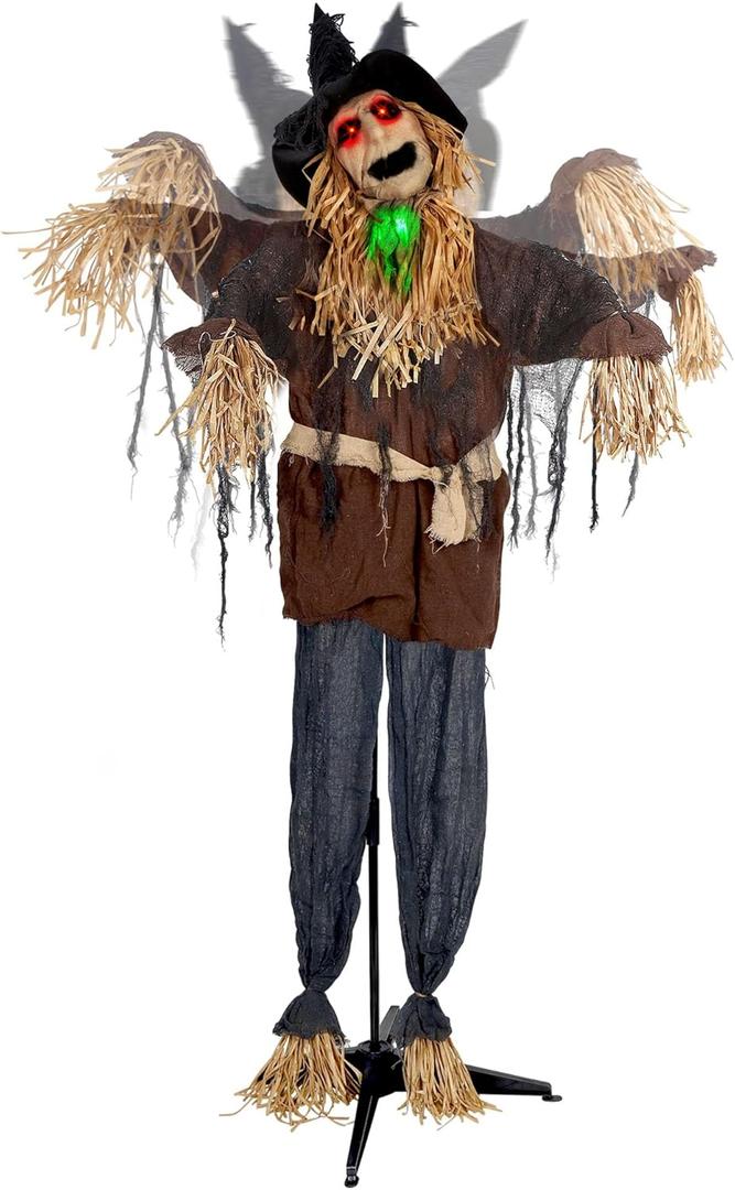 ATDAWN 6FT Halloween Standing Scarecrow, Life-Size Animated Ghost Decor with Light-up Eyes, Spooky Sound, Moving Arms & Head, Sound Activated Haunted House Props for Halloween Party Decorations