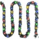 16.4 Ft Christmas Tinsel Garland,1 Pack Dark Green Frost Tip Metallic Garland with 50 Colored LED Lights,Artificial Xmas for Indoor Outdoor Tree Decoration,Holiday Party Supplies