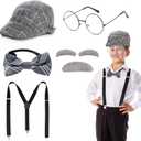 Old Man Costume for Kids,100th Day Of School Grandpa Costume Accessories including Beret Hat Suspender Bowtie beard (Grey)
