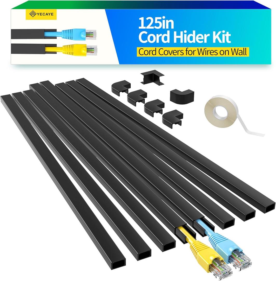 Yecaye 125in Black Cord Hider - One-Cord Channel Cord Cover on Wall - Cable Management Kit - Wire Covers for Cords - Cable Raceway - 8X L15.7in W0.59in H0.4in, CMC03 Black (Small)