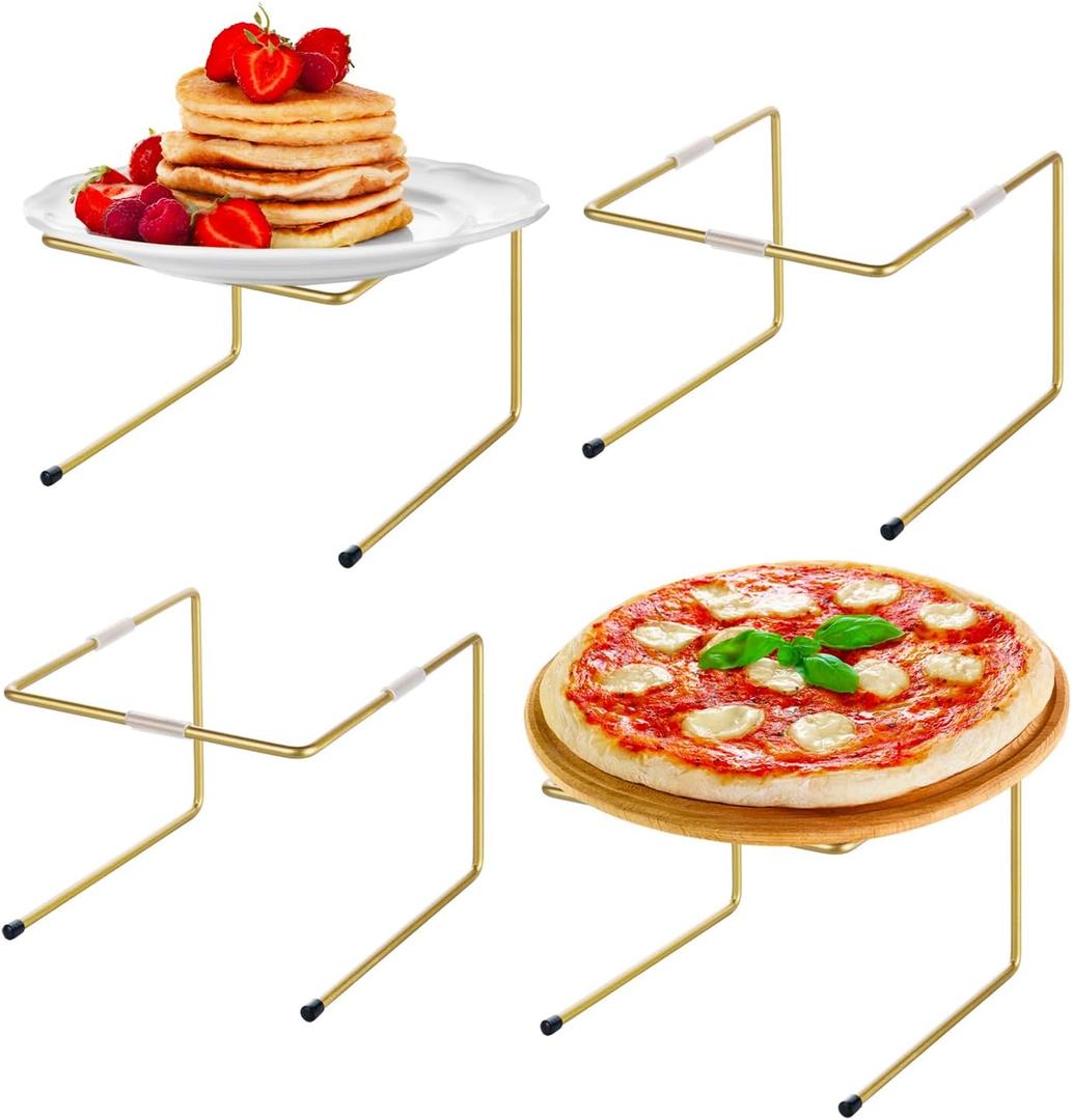 MyGift Brass Metal Pizza Table Stands, Tabletop Pizza Pan Riser Food Platter Tray and Display Rack, Set of 4 (Gold)