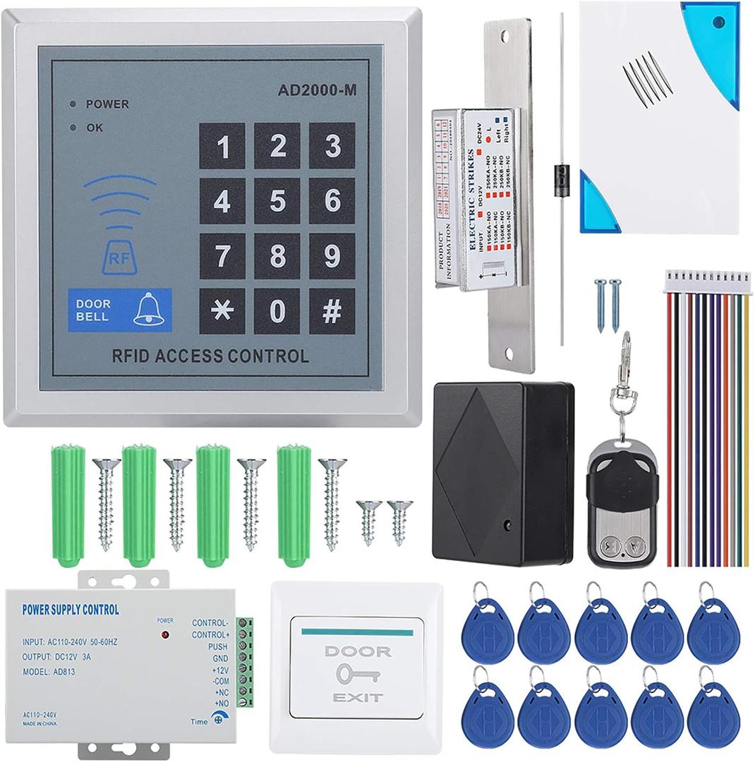 Door Access Control System AD2000-M Security System Kits - Access Keypad, Power Supply, NO Lock, Dingdong Doorbell, Remote Control, 10 * Keyfobs, Exit Button, Set of Mounting Hardware Kit