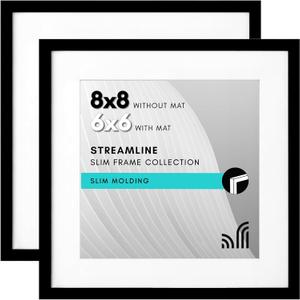 Americanflat 8x8 Picture Frame with Shatter-Resistant Glass - Set of 2 - Use as 6x6 Frame with Mat or Display 8x8 Photo Without Mat - Streamline Collection - Square Frames for Tabletop or Wall - Black