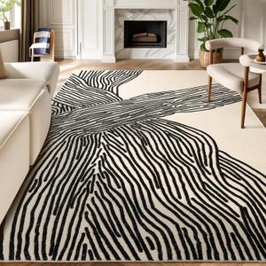 YIHOUSE 69 Ft Washable Rug, Black and White Abstract Rug for Bedroom, Living Room, Dining Room, Office, Playroom, Nursery, Nonslip Thin Modern Large Rugs Soft Abstract Contemporary Striped Rugs (Modern Lines Beige)