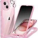 CENHUFO Privacy for iPhone 15 Case, Full Body Phone Case with Built-in 9H Tempered Glass Privacy Screen Protector and Camera Lens Protector, Anti Peep Spy Shockproof Bumper Clear Cover - Pink